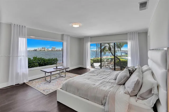 a bedroom with a bed and large windows