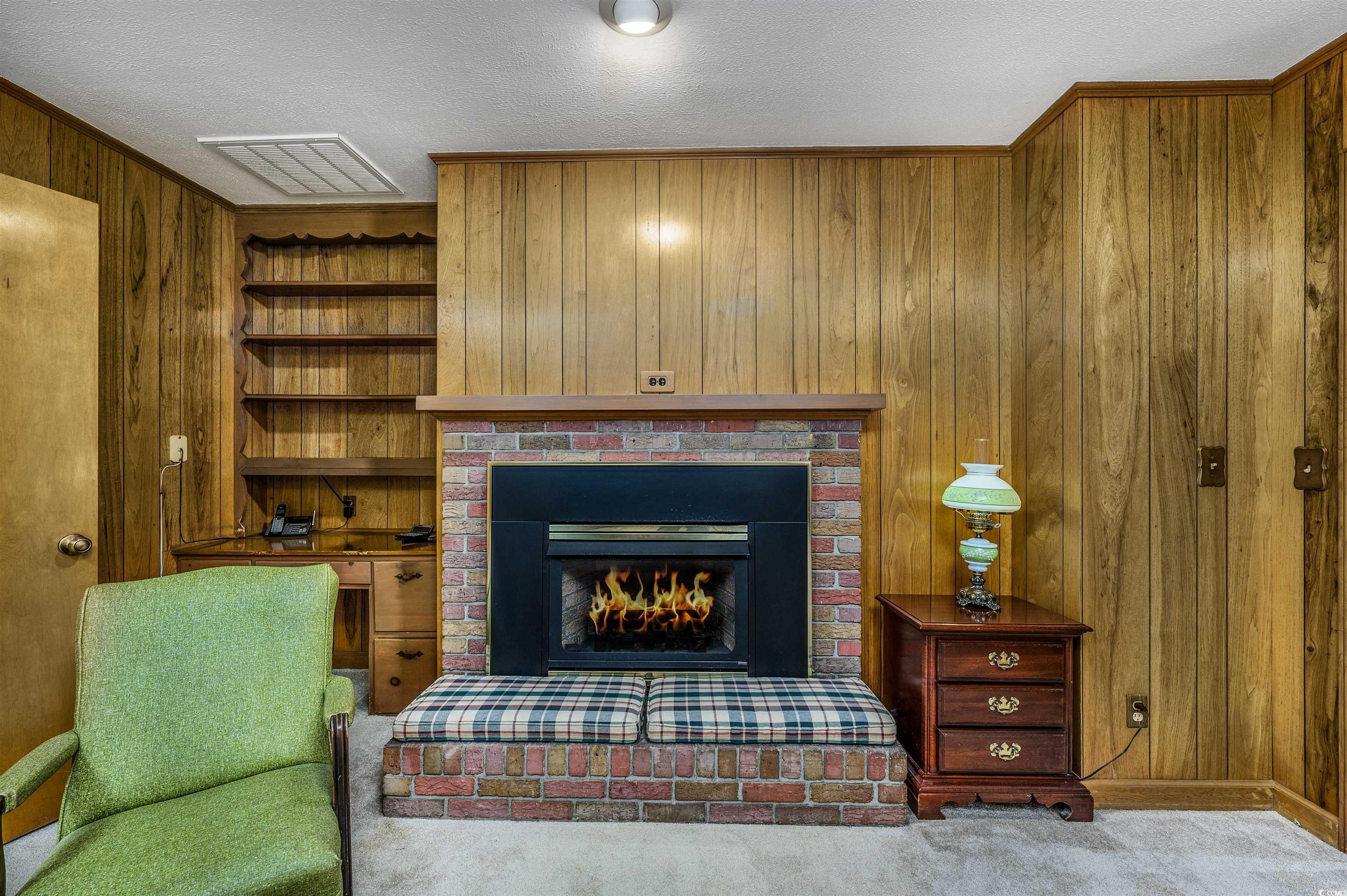 1870 Highway 348 Loris, SC 29569 - Photo 14 of 34 Detailed view of a brick gas fireplace, wood walls, carpet flooring, and a textured ceiling