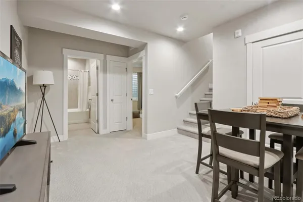 a view of a dining room with furniture