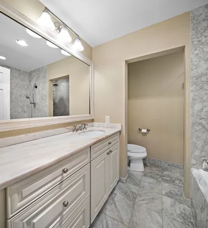 a bathroom with a granite countertop toilet sink and a mirror