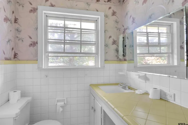 a bathroom with a sink and mirror with toilet