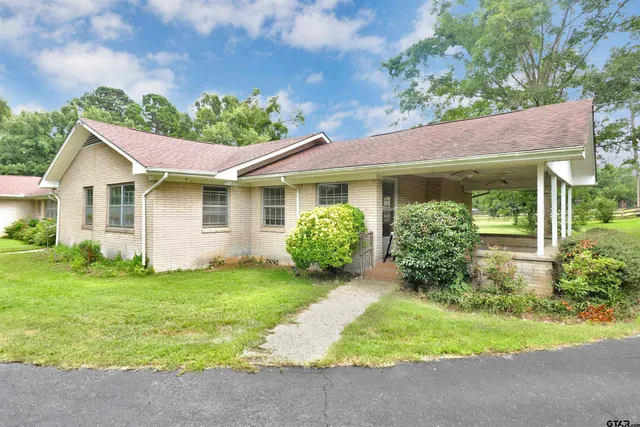 a view of a park with large trees