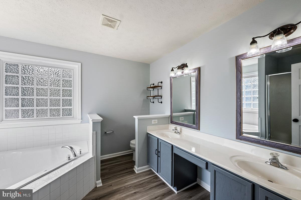 35184 Pheasant Ridge Road Locust Grove, VA 22508 - Photo 18 of 64 a bathroom with a double vanity sink a large mirror and a bathtub