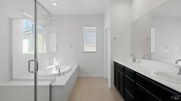 a bathroom with a double vanity sink a tub and mirror