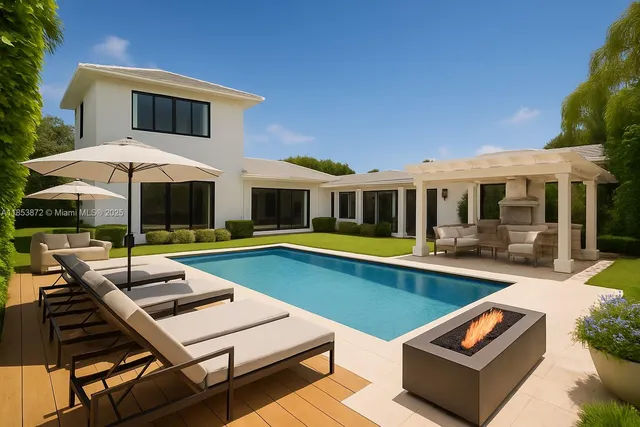 a view of a house with pool and chairs