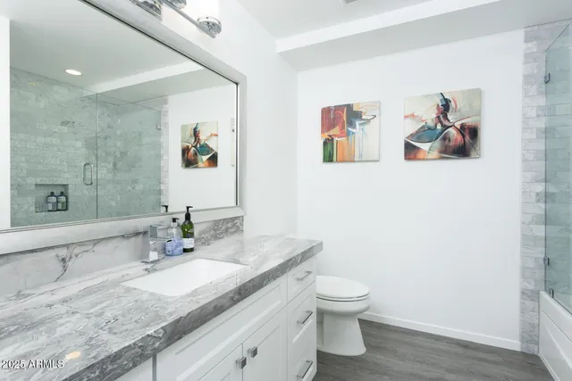 a bathroom with a granite countertop sink a toilet and a mirror
