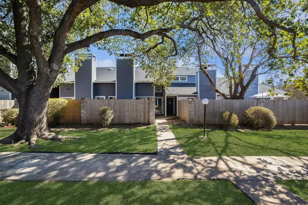a view of a yard with plants and a large tree