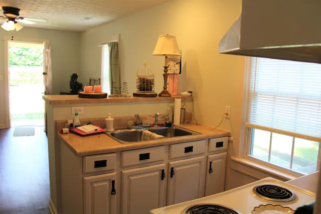 a room with table and window