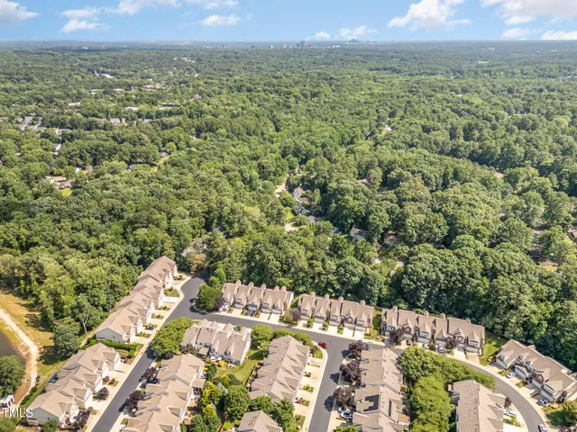a view of a city with lush green forest
