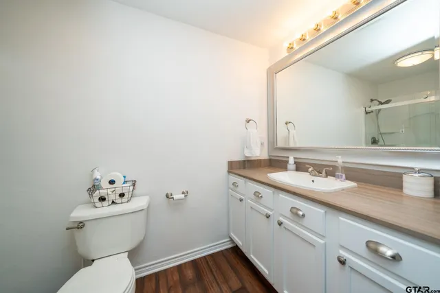 a bathroom with a granite countertop toilet sink and mirror