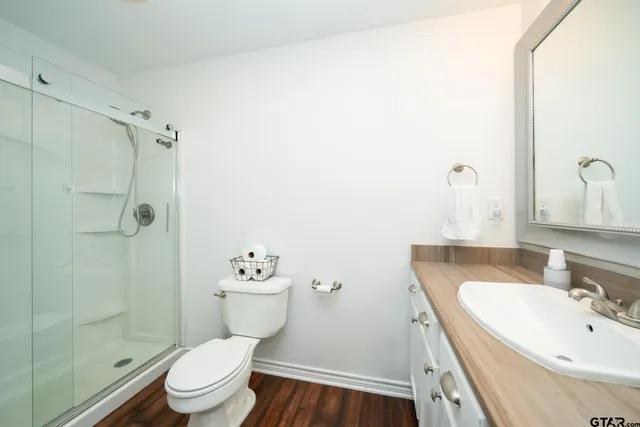a bathroom with a sink toilet and shower