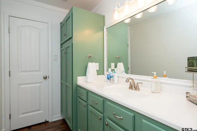 a bathroom with a sink and a mirror
