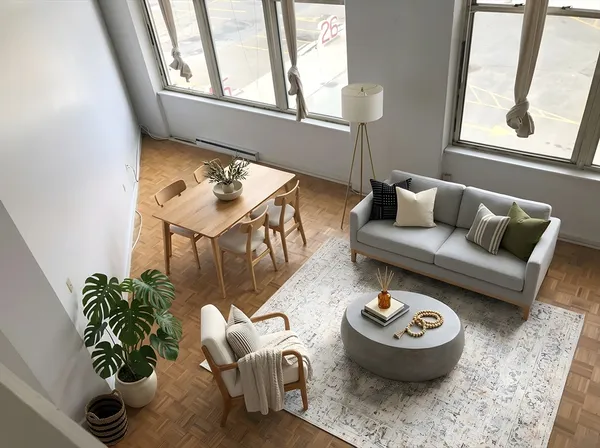 a living room with furniture and a potted plant