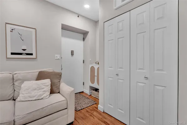 a living room with furniture and a shower