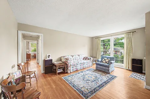 a living room with furniture rug and window