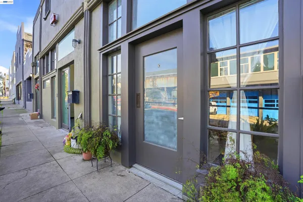 a couple of potted plants in front of brick building