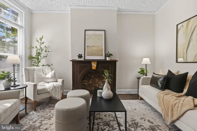 a living room with furniture and a fireplace