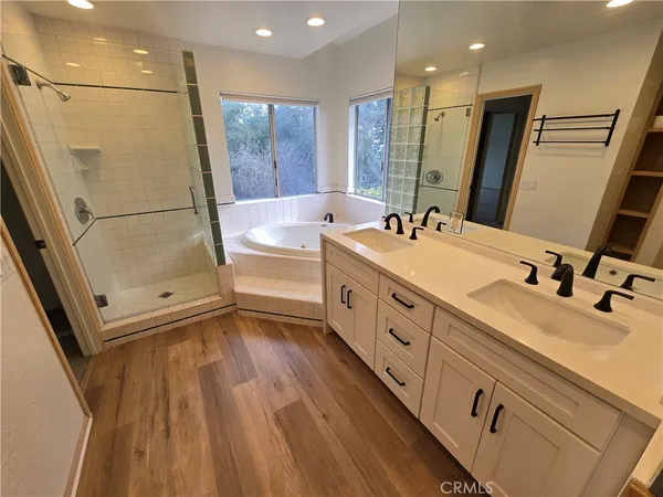 a bathroom with a double vanity sink a mirror and a shower