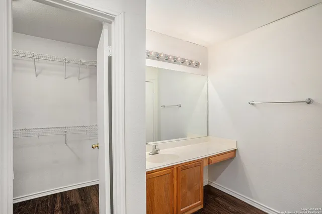 a bathroom with a sink and a mirror