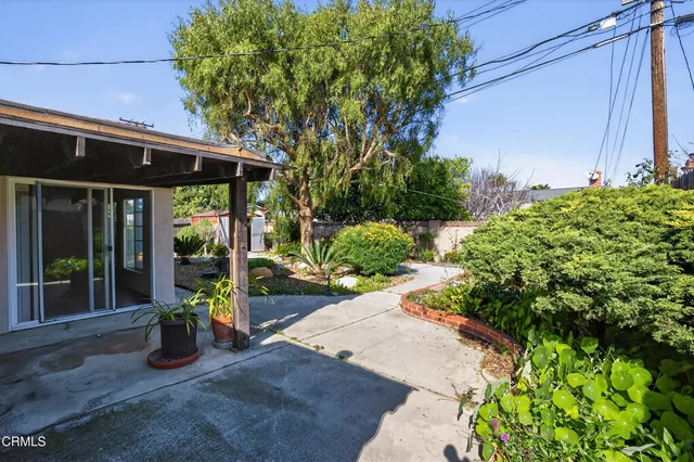a view of a chair and table in the patio with potted plants