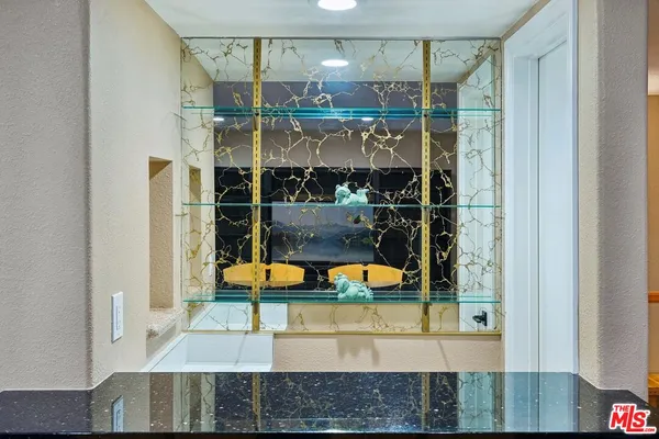 view of a living room and bathroom
