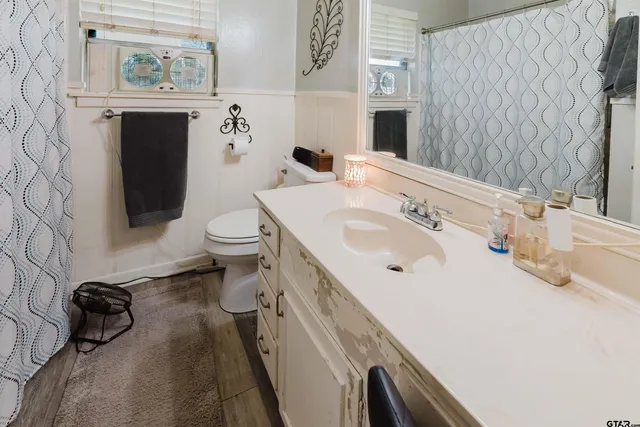 a bathroom with a sink a toilet and a mirror