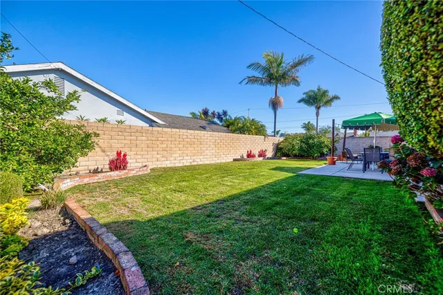 a view of a backyard with table and chairs potted plants and palm tree