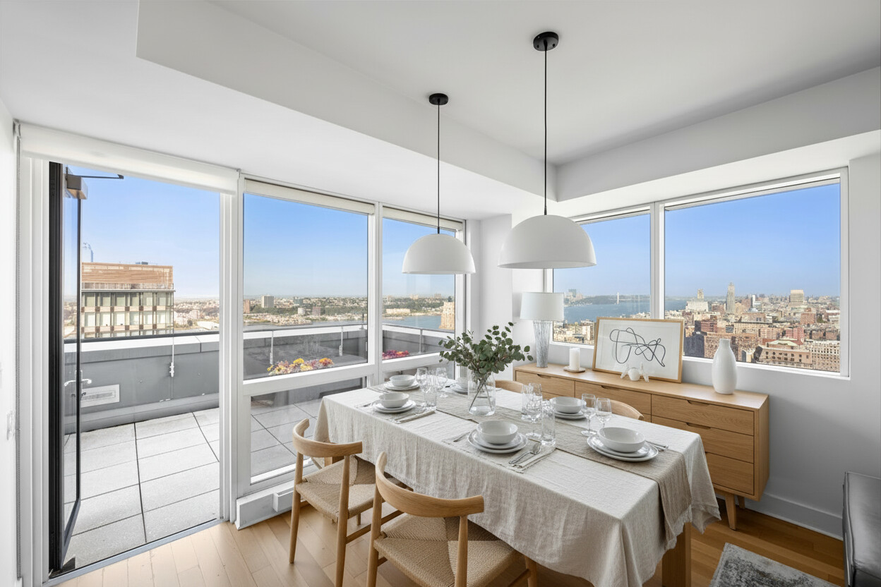 2628 Broadway, Unit 34 Manhattan, NY 10025 - Photo 8 of 9 a dining room with furniture a chandelier and kitchen view