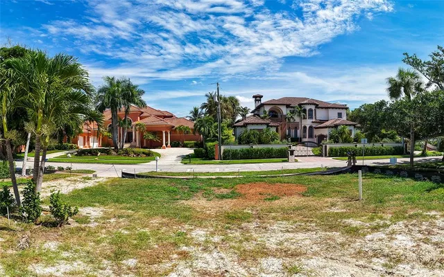 a view of a house with a big yard potted plants and large tree