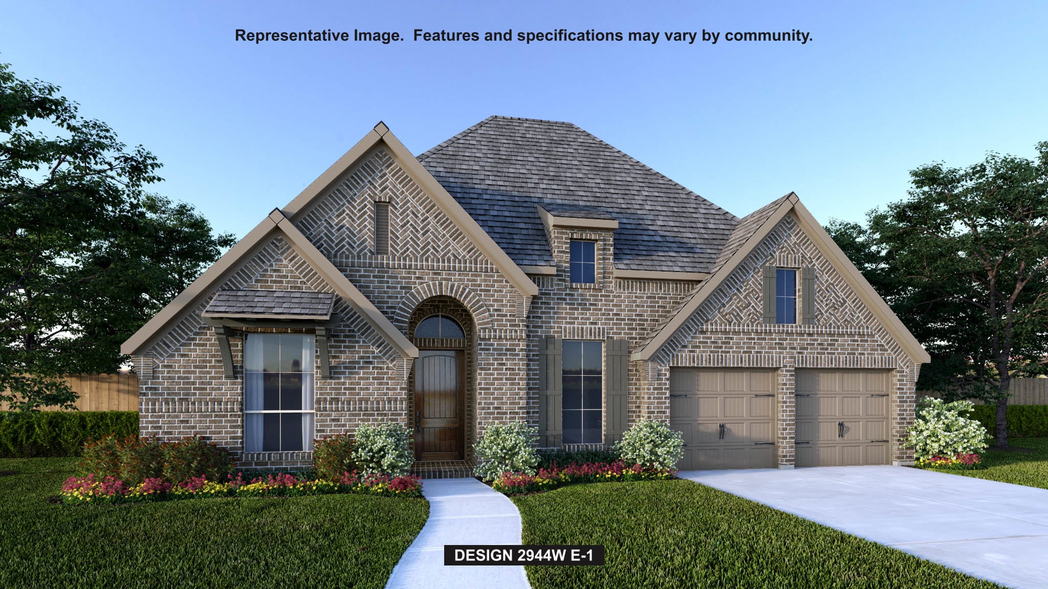 237 Maton Way Liberty Hill, TX 78642 - Photo 1 of 1 French country home featuring brick siding, a front lawn, concrete driveway, and a garage