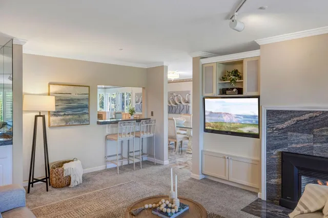 a living room with furniture a flat screen tv and a fireplace