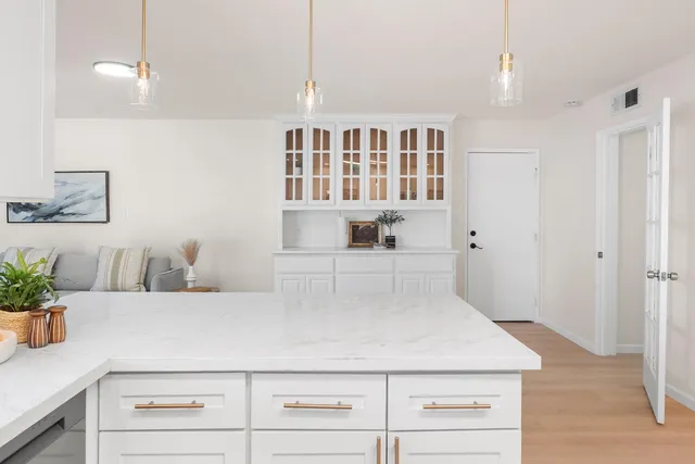 a kitchen with a white cabinets and potted plant