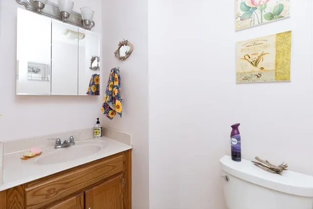 a bathroom with a sink vanity and a mirror