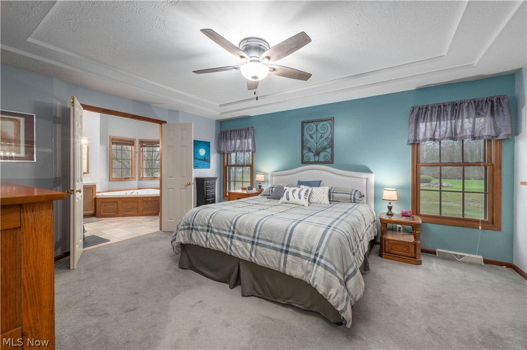44565 Stang Road Elyria, OH 44035 - Photo 21 of 50 Bedroom with a textured ceiling, light colored carpet, and ceiling fan