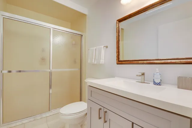 a bathroom with a sink a mirror a toilet and shower