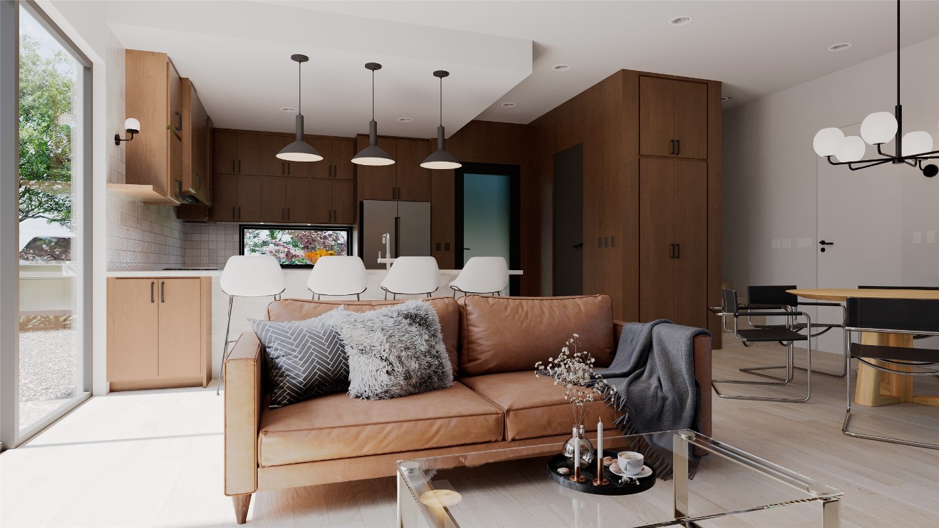 205 Medina Street, Unit 1 Austin, TX 78702 - Photo 4 of 15 Living room featuring a chandelier and light wood finished floors