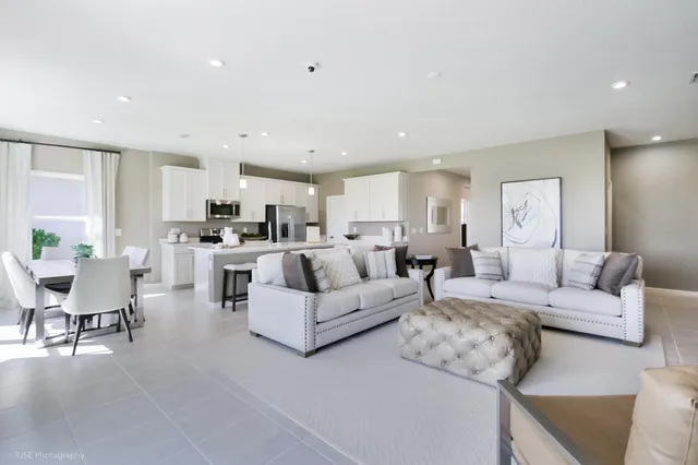 a living room with couches and kitchen view with wooden floor