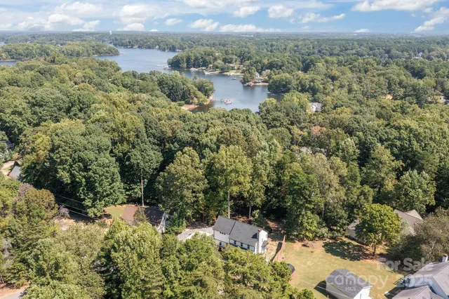 a view of a lake with large trees