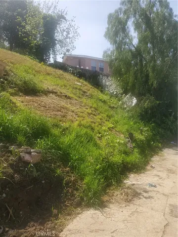 a view of a dry yard with wooden fence