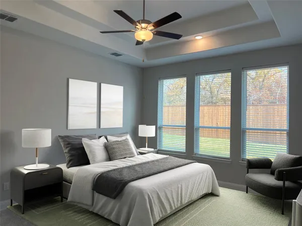 a bedroom with bed and a chandelier