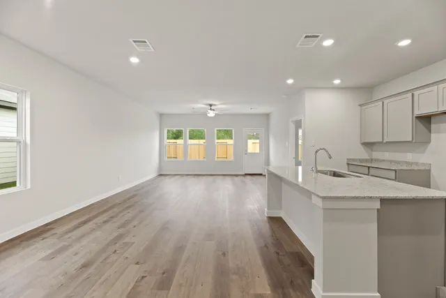 a kitchen with a sink and windows