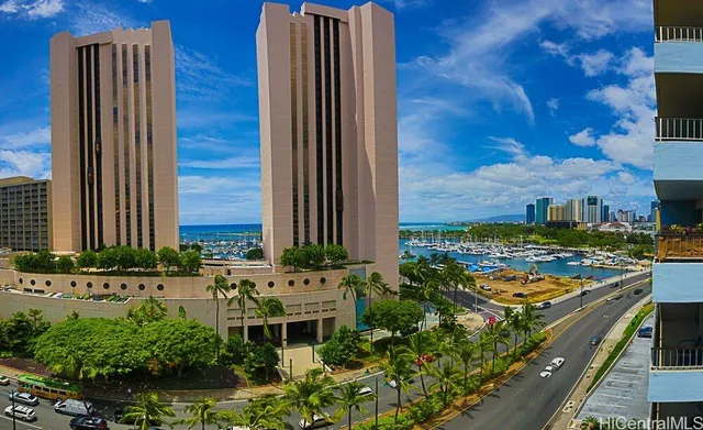a view of a city with tall buildings