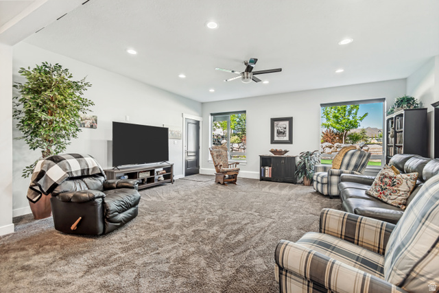 1526 South 500 West Mapleton, UT 84664 - Photo 32 of 54 Basement living room featuring ceiling fan, carpet floors, and recessed lighting