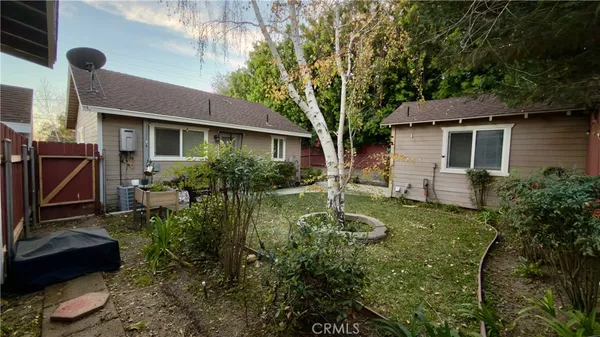 a backyard of a house with plants and tree