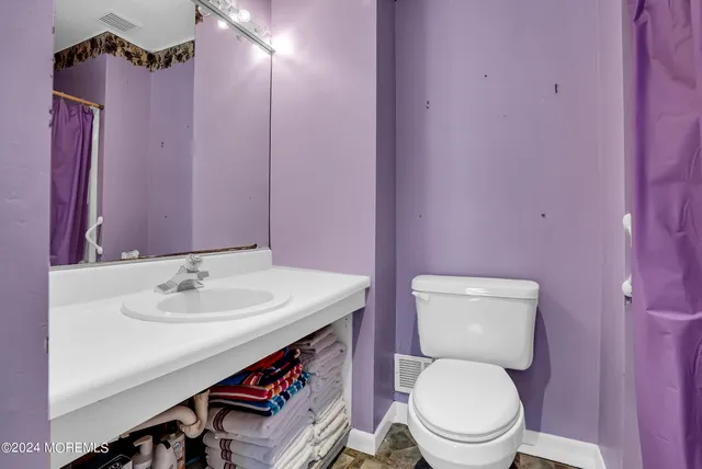 a bathroom with a sink a toilet a mirror and shower curtain