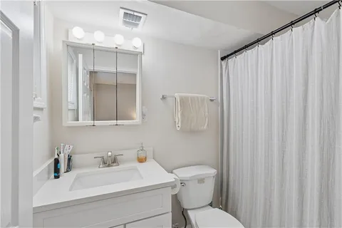 a bathroom with a sink a toilet and shower curtain