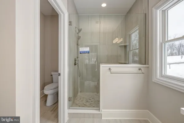 a bathroom with a shower and toilet
