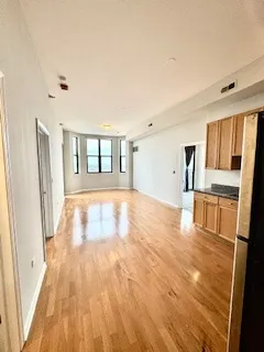 a view of empty room with wooden floor and fireplace