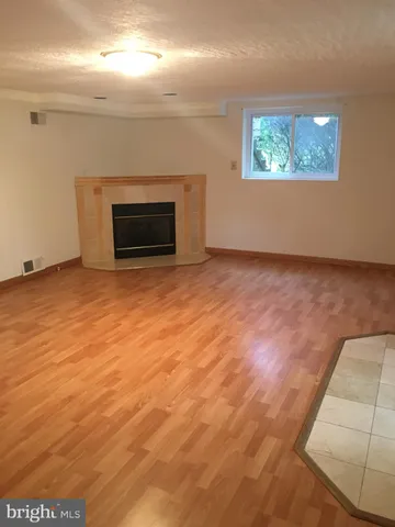 a view of empty room with a fireplace