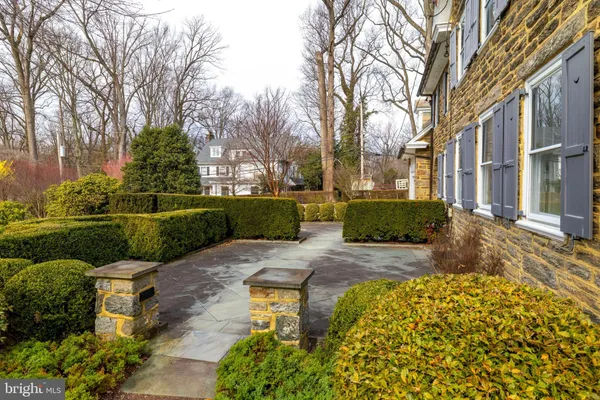 an aerial view of residential house with outdoor space and trees all around